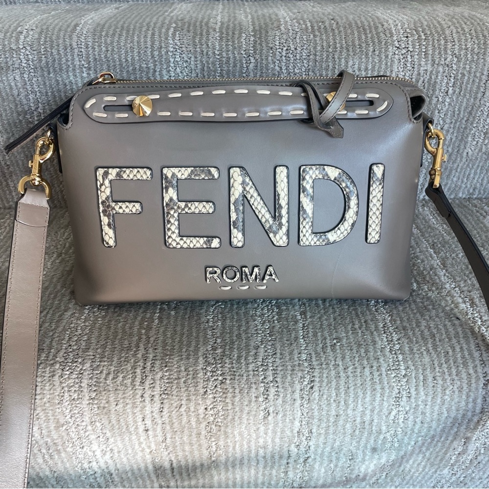 Fendi By The Way Medium Grey Leather & Python-Look Elaphe Boston Bag - Picture 9 of 14